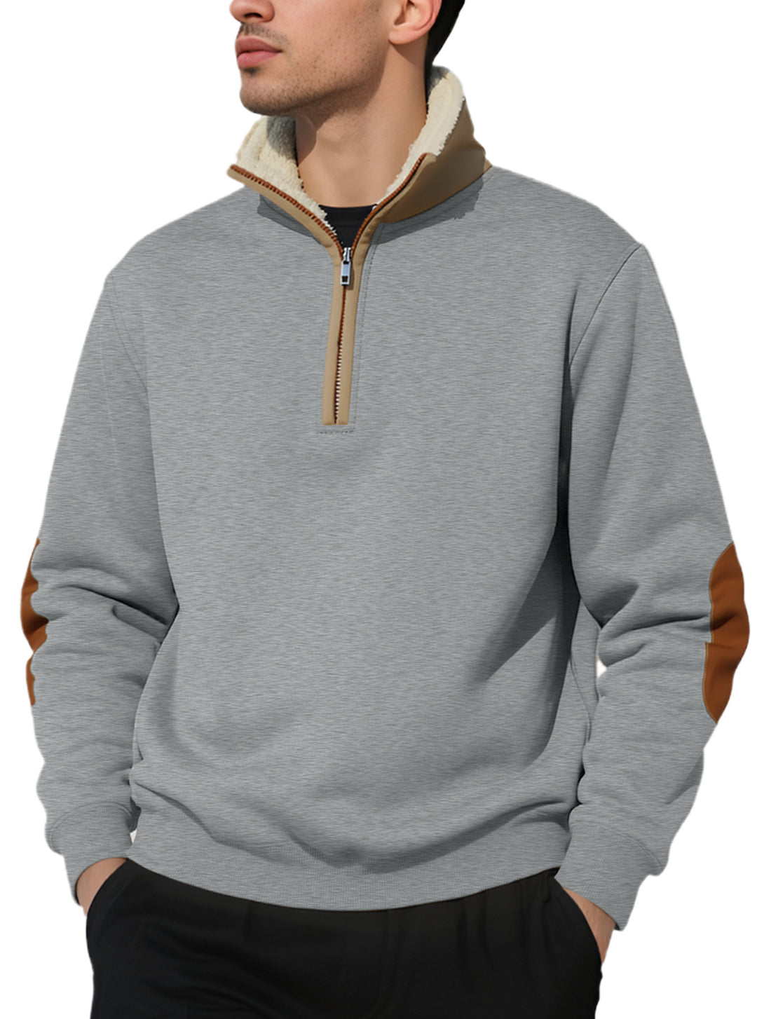 Herren nan legeres Halbzip-Sweatshirt mit Sherpagefüttertem Stehkragen und Kunstleder-Ellenbogenapplikation R&B