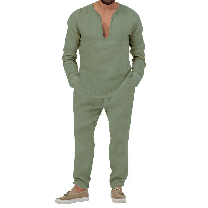 Herren lässiges Leinen-Outfit mit tiefem V-Ausschnitt und elastischem Bund R&B