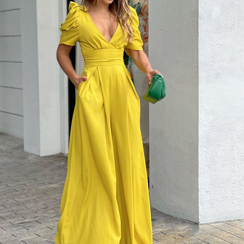 Damen Jumpsuit mit voluminösen Ärmeln und elegantem V-Ausschnitt R&B