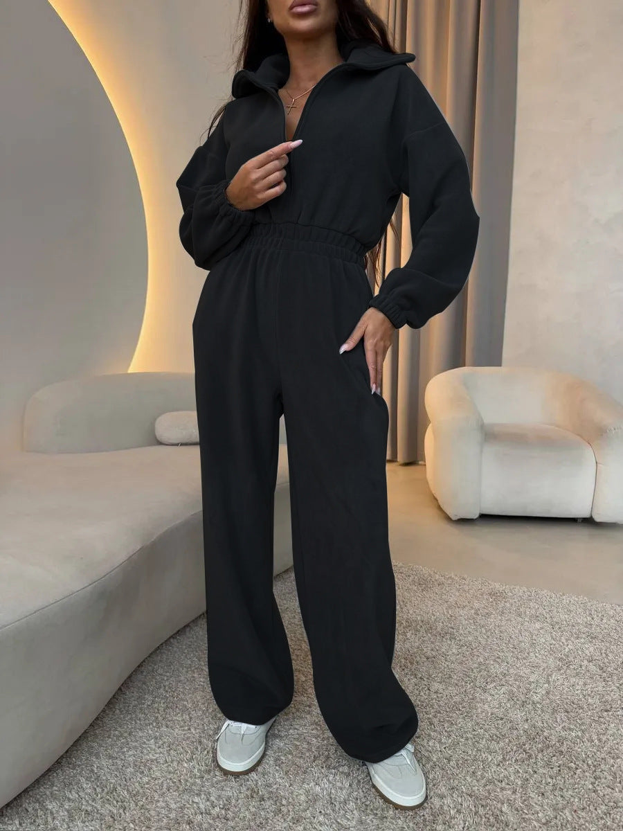Damen lässiger Jumpsuit mit hohem Kragen und verstellbarem Bund R&B