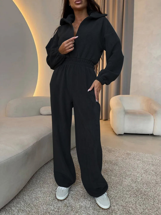 Damen lässiger Jumpsuit mit hohem Kragen und verstellbarem Bund R&B