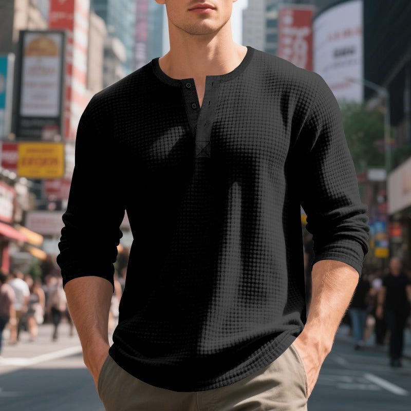 Herren nan thermoregulierendes Waffel-Thermalshirt mit Kurzknopfleiste und gerundetem Saum R&B
