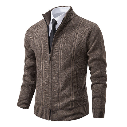 Herren elegante Strickjacke mit strukturiertem Zopfmuster und hohem Kragen R&B