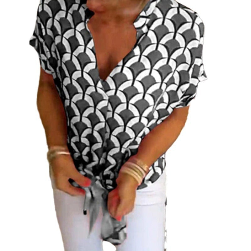 Damen nan kurzärmeliges geometrisches Blusenshirt mit Knotenbund und Stehkragen R&B