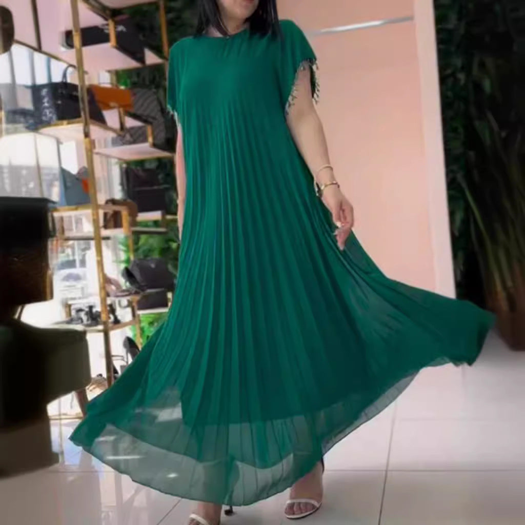 Damen nan elegantes Chiffon-Faltenmaxikleid mit weitem Schwingrock und Quastenärmeln R&B