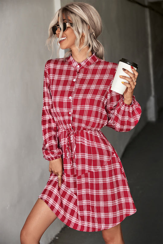 Damen Hemdblusenkleid mit verstellbarem Taillengürtel und kariertem Design R&B