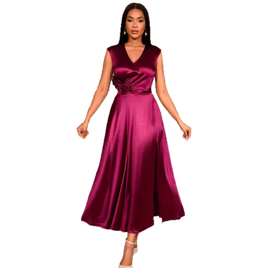 Damen elegantes Maxikleid mit asymmetrischem Schlitz und floralem Akzent R&B