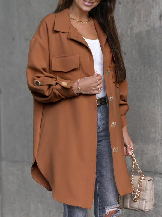 Damen Oversize-Chic Hemdenjacke mit Taschen und Knopfdetails R&B