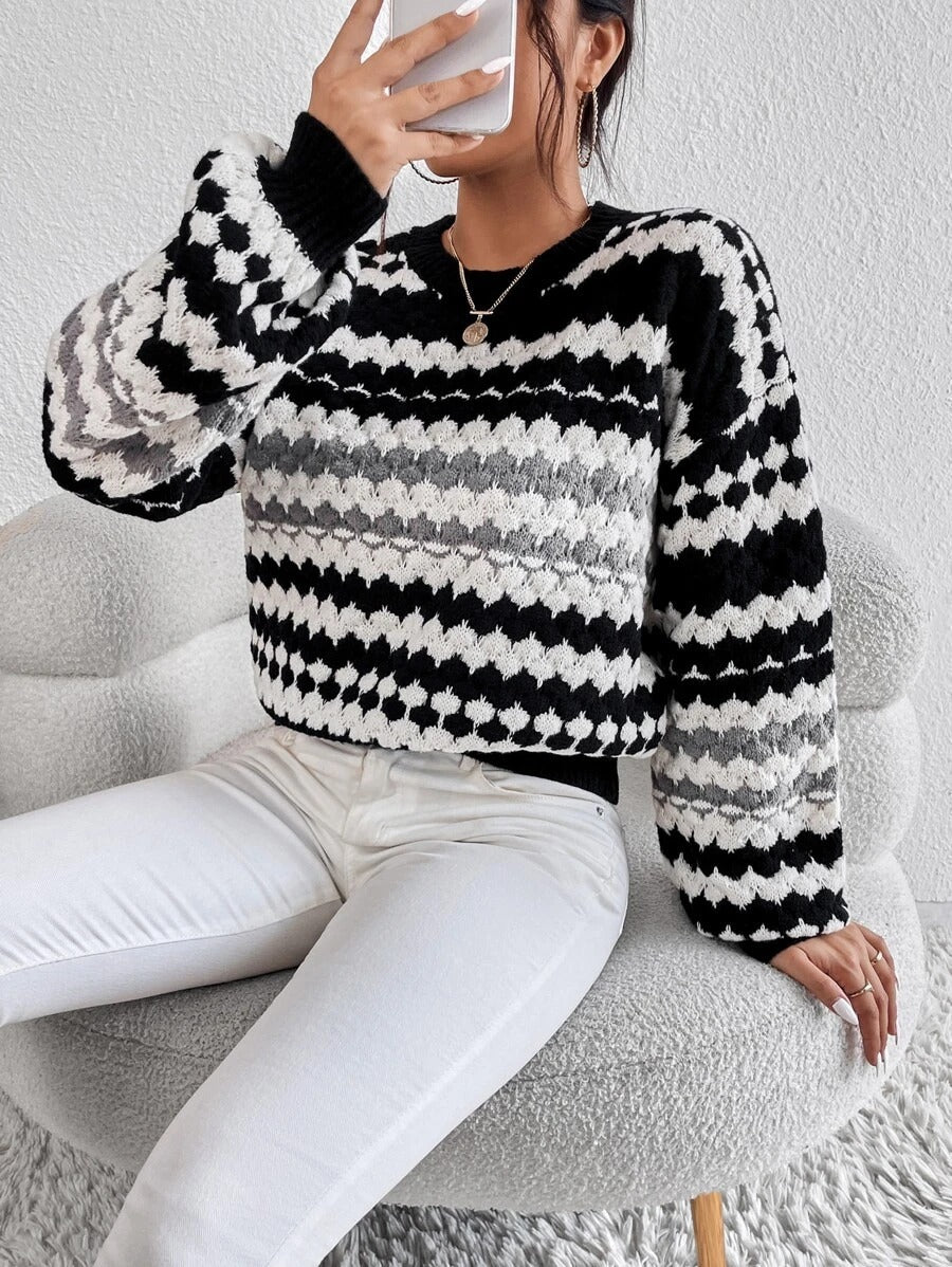 Damen Strickpullover mit kreativem Lochmuster und modischen Farbakzenten R&B