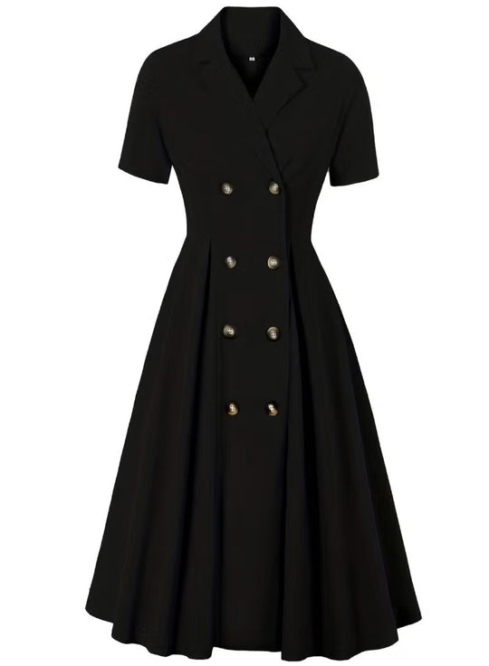 Damen elegantes Midikleid mit doppelter Knopfleiste und schwingendem Rock R&B