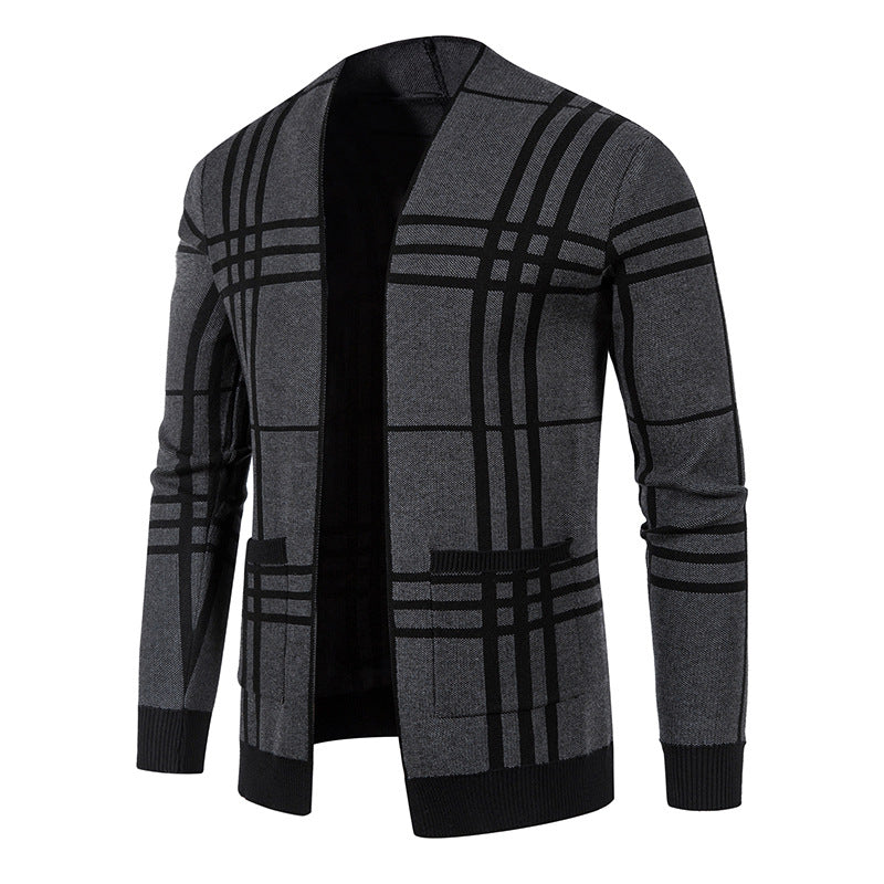 Herren modische Strickjacke im karierten Design mit praktischen Taschen