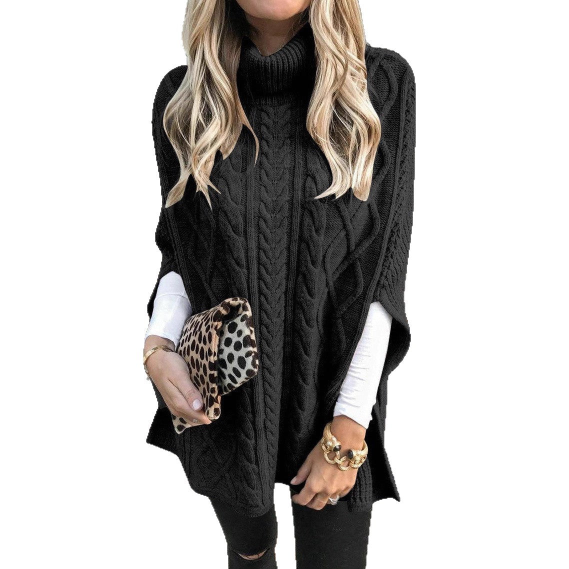 Damen Kuschelponcho mit hohem Kragen und Zopfmuster R&B