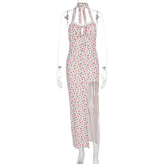 Damen Maxikleid mit floralem Muster, Neckholder und asymmetrischem Saum R&B
