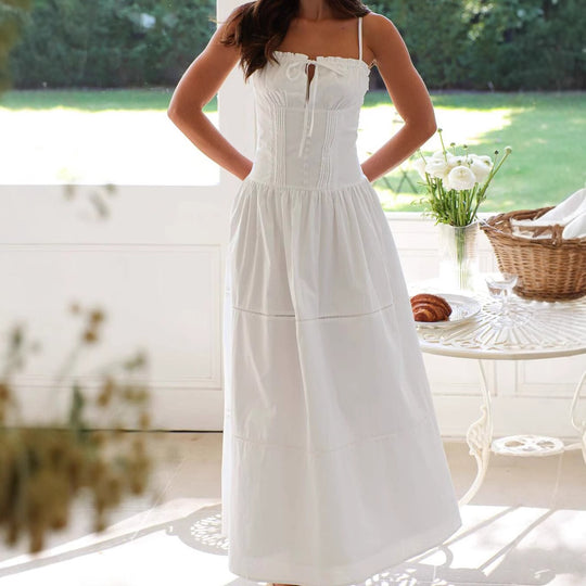 Damen Maxi-Kleid mit gerafftem Oberteil und verstellbaren Trägern R&B