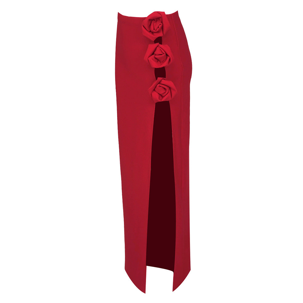 Damen eleganter, figurbetonter Rock mit Blumenapplikationen und seitlichem Schlitz R&B