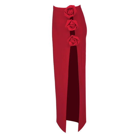 Damen eleganter, figurbetonter Rock mit Blumenapplikationen und seitlichem Schlitz R&B