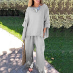 Damen lässiges Leinen-Outfit mit weitem Schnitt und angeschnittenen Ärmeln R&B