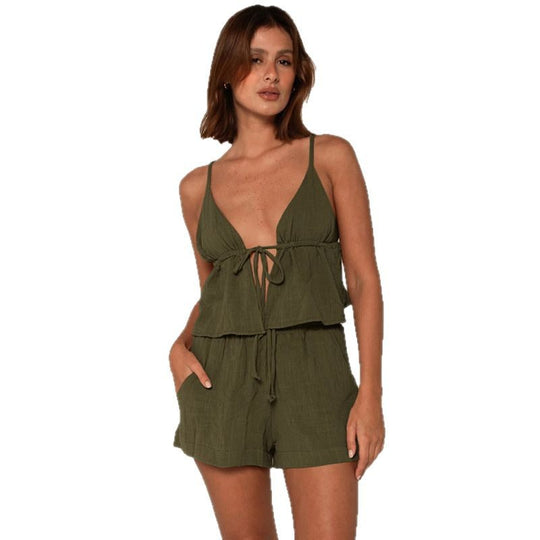 Damen elegantes Halter-Top mit herausragender Raffung und kurzen Shorts R&B