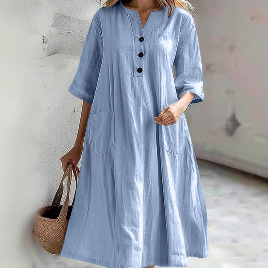 Damen lässiges Baumwollkleid mit Knopfleiste und praktischen Taschen R&B