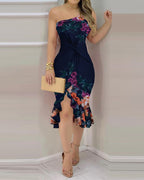 Damen Elegantes Off-Shoulder Kleid mit Volant und Farbblockdesign R&B