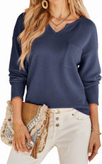 Damen Waffelstruktur Pullover mit tiefem V-Ausschnitt und praktischen Taschen R&B