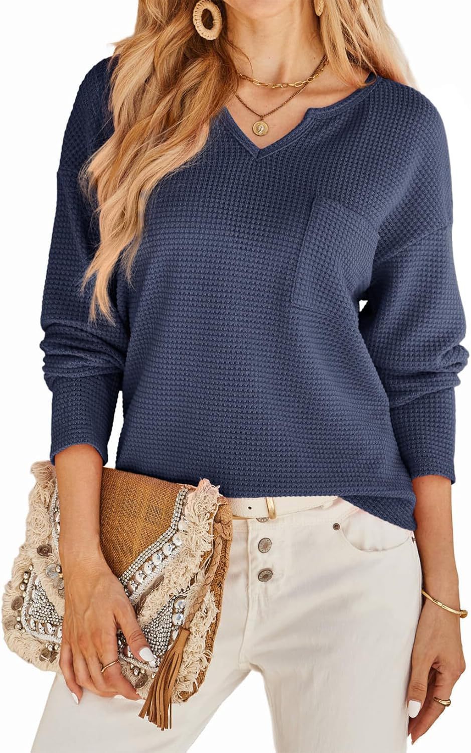 Damen Waffelstruktur Pullover mit tiefem V-Ausschnitt und praktischen Taschen R&B