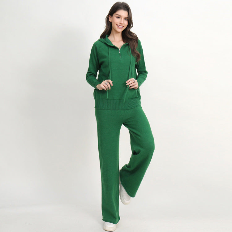 Damen lässiges Strick-Loungewear-Set mit Kapuze und weitem Bein R&B