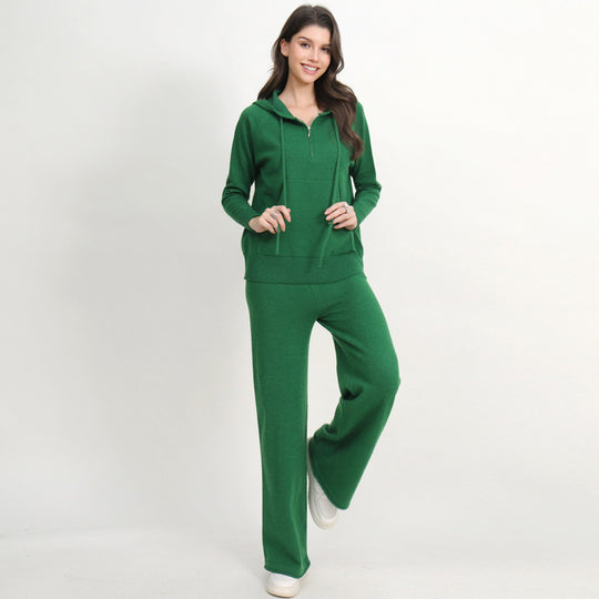Damen lässiges Strick-Loungewear-Set mit Kapuze und weitem Bein R&B