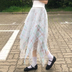 Damen Asymmetrischer Plissee-Rock mit transparentem Chiffonüberwurf und kariertem Design R&B