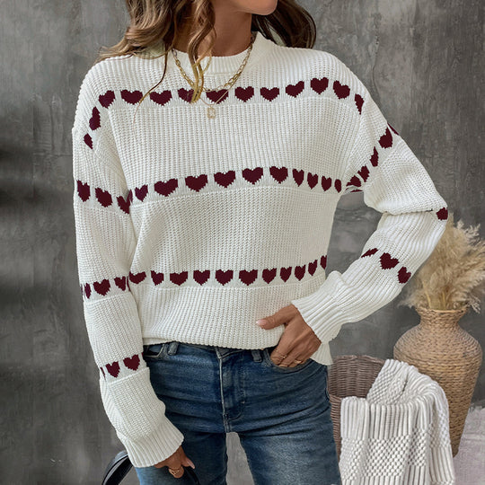 Damen lässiger Strickpullover mit Herzenmuster und lockerem Schnitt R&B