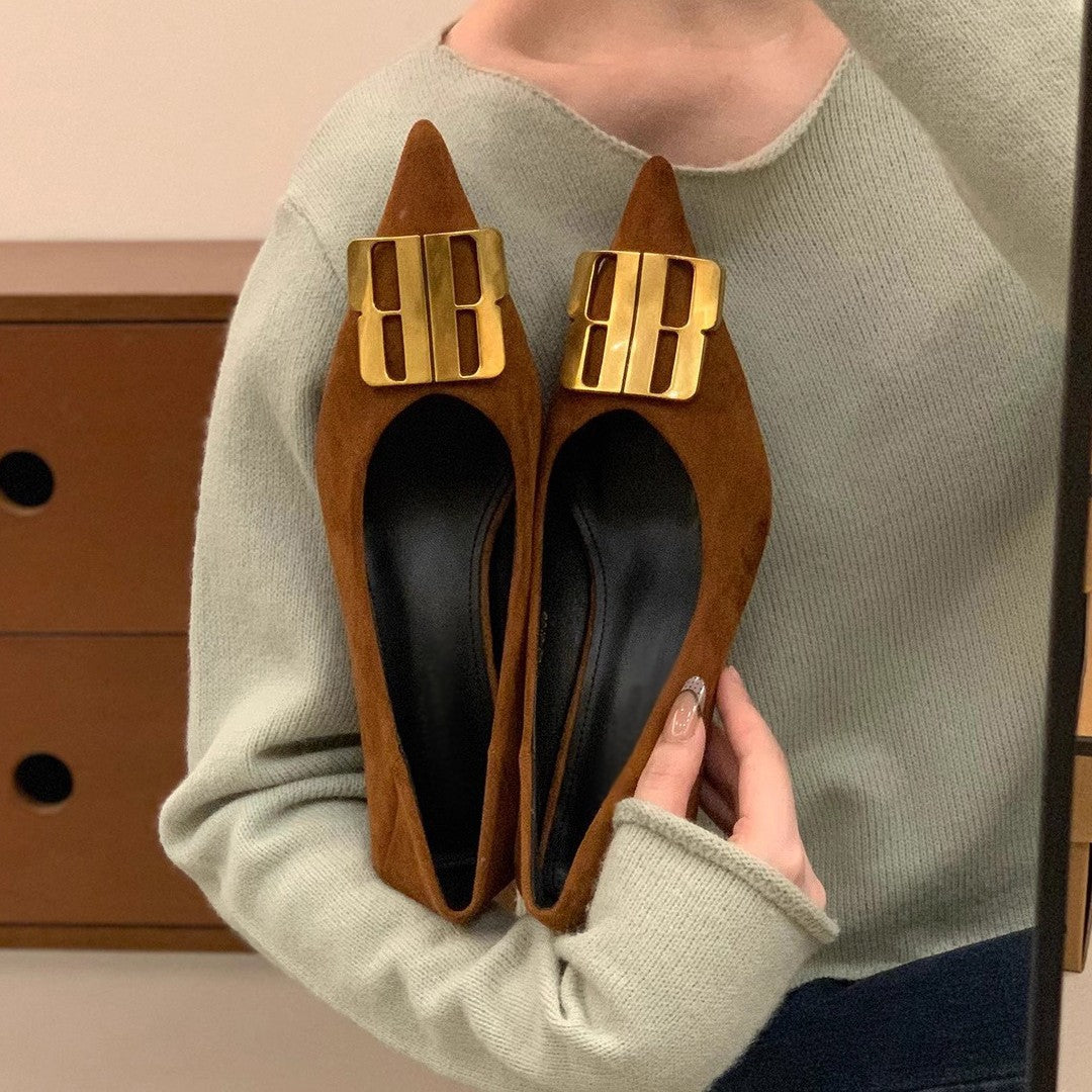 Damen elegante Slingback Pumps mit goldener Schnallenverzierung