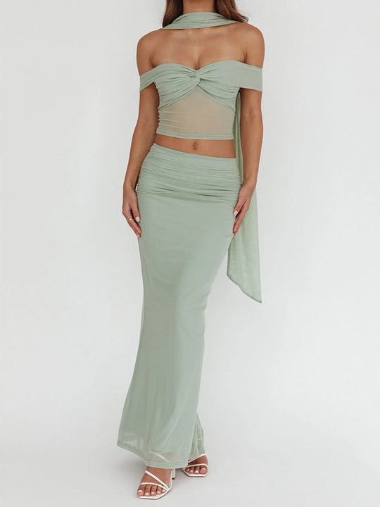 Damen elegantes Wickelkleid mit schulterfreiem Oberteil und drapierter Silhouette R&B