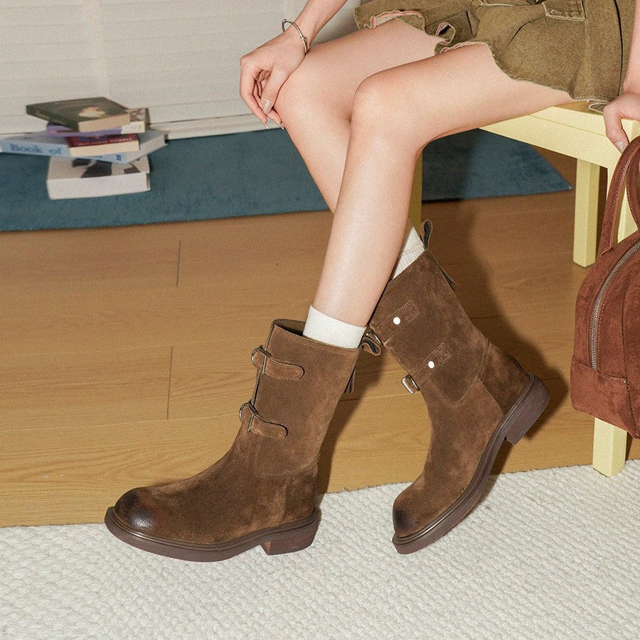Damen modische Ankle Boots mit dekorativen Riemen und robustem Sohlenprofil R&B