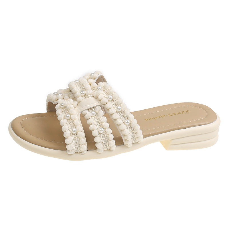 Damen Elegante Slide-Sandalen mit modischen Perlen- und Fransenakzenten EB