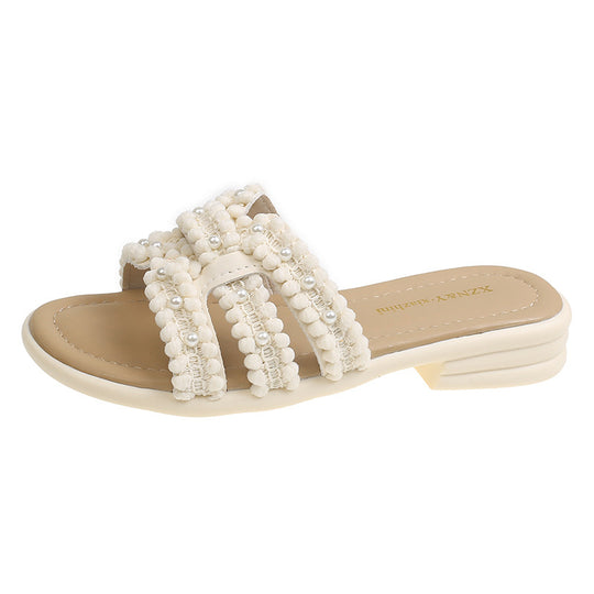 Damen Elegante Slide-Sandalen mit modischen Perlen- und Fransenakzenten R&B