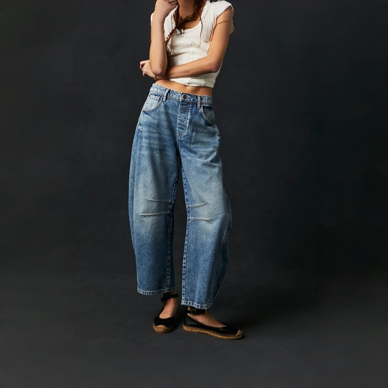 Damen Weite High-Waist Jeans im Vintage-Look mit ausgefallenem Waschverfahren R&B