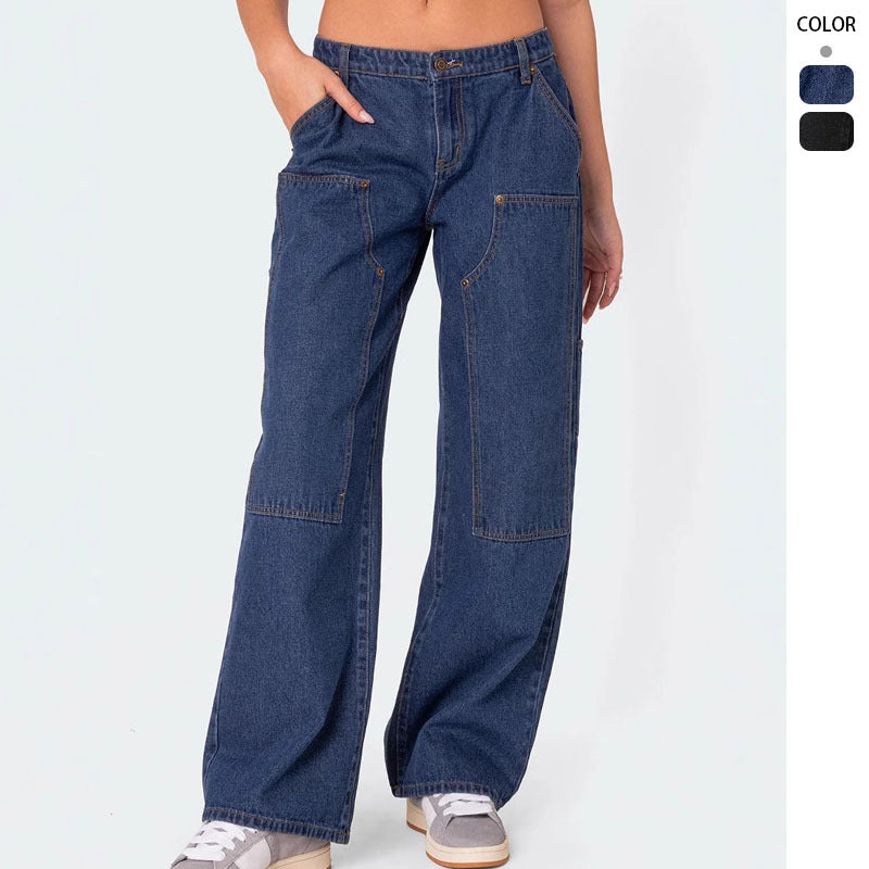 Damen Weit geschnittene Utility-Jeans mit praktischen Taschen und hohem Bund R&B