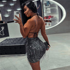 Damen Glitzerndes Cocktailkleid mit tiefem Rückenausschnitt und langen Fransen R&B