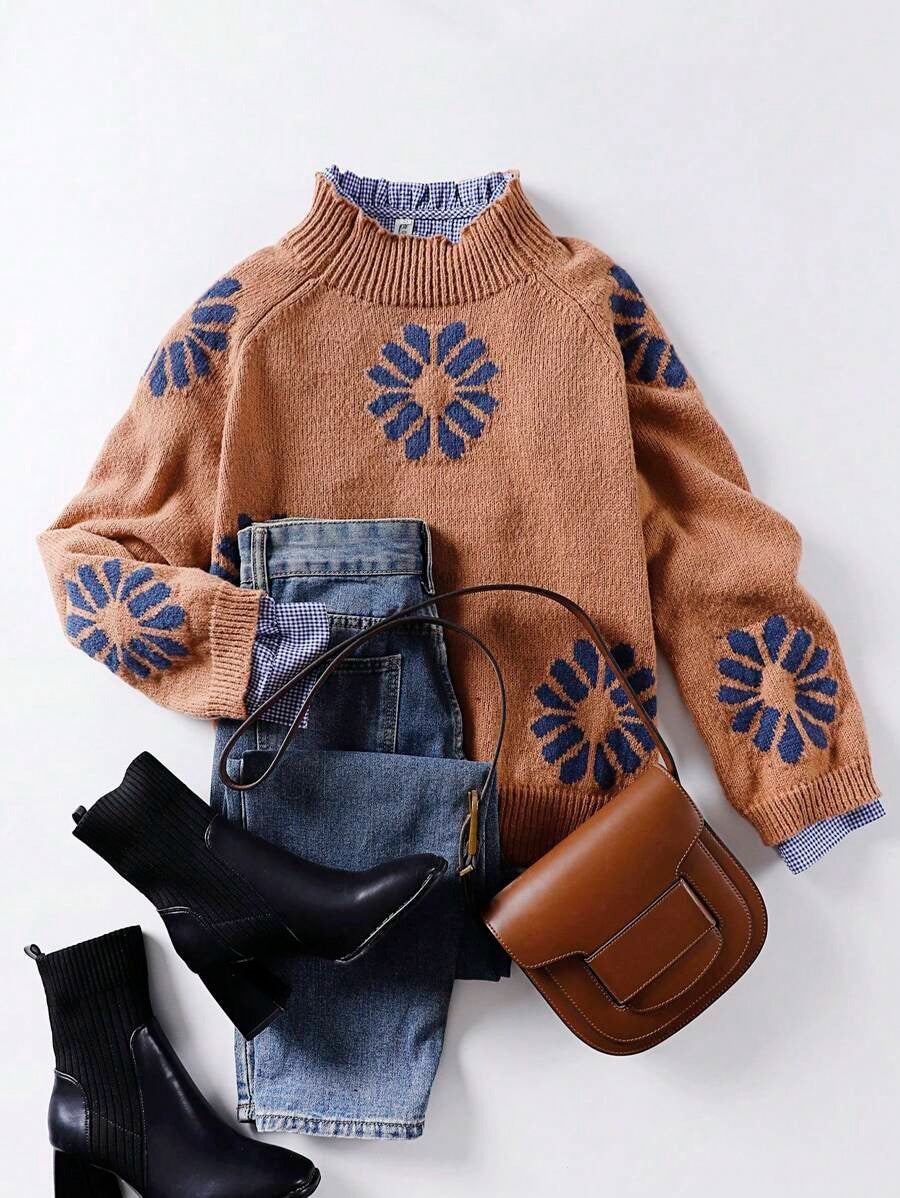 Damen Strickpullover mit floralem Motiv und modernem Rundhalsausschnitt R&B