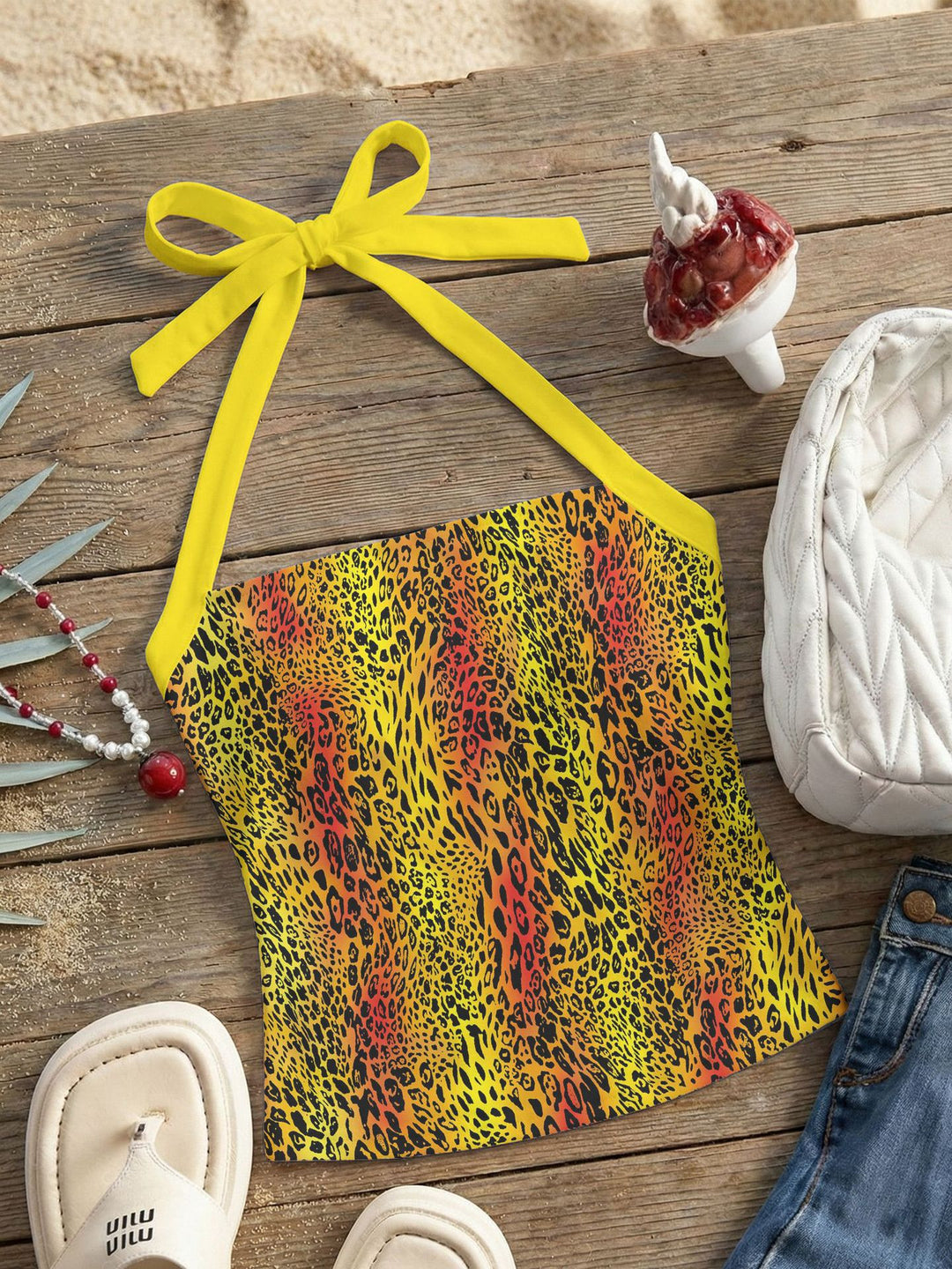 Damen Neckholder Top mit verspieltem Leopardenmuster R&B
