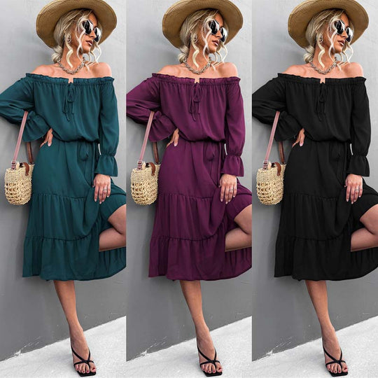 Damen lässiges Off-Shoulder Kleid mit Rüschensaum und Taillengürtel R&B