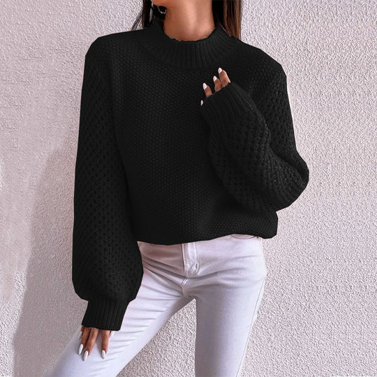 Damen kuscheliger Strickpullover mit hohem Kragen und strukturiertem Muster R&B