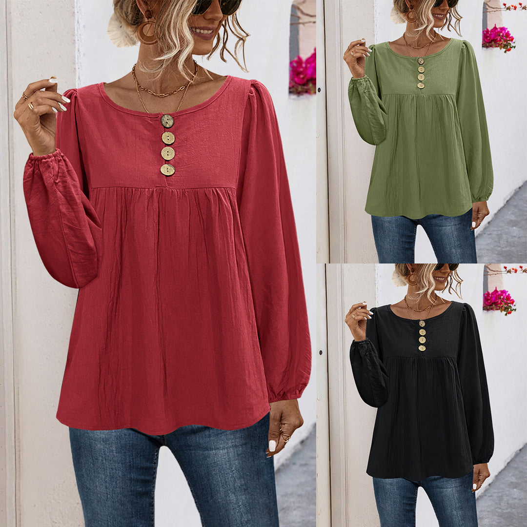 Damen Bluse mit Knopfdetails und voluminösen Ärmeln R&B
