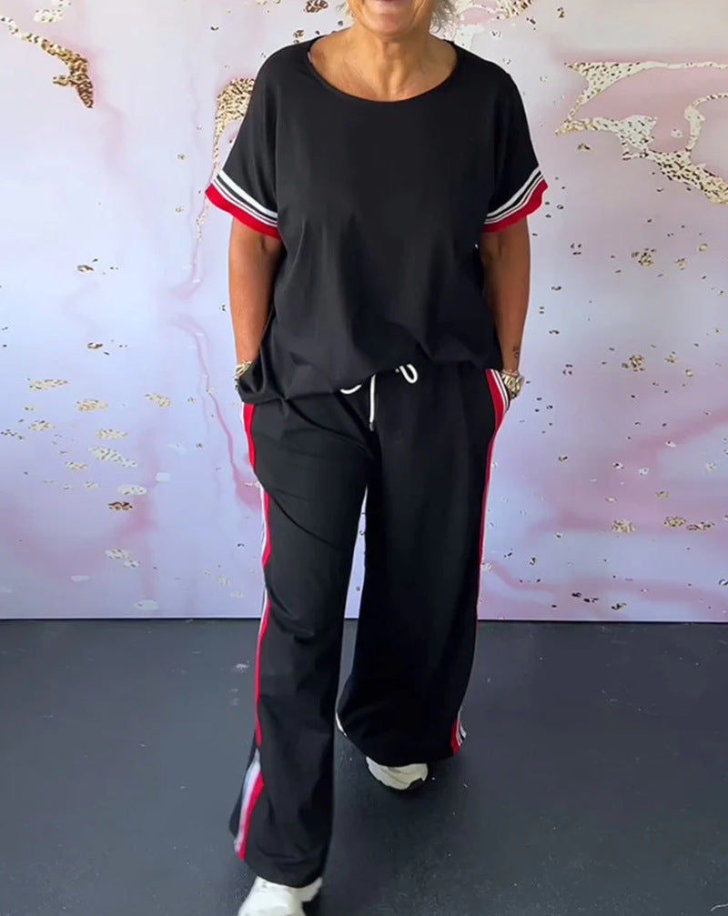 Damen nan sportlich-eleganter Zweiteiler mit kastigem Kurzarmshirt, Tunnelzug-Jogpant und seitlichem Kontraststreifen R&B