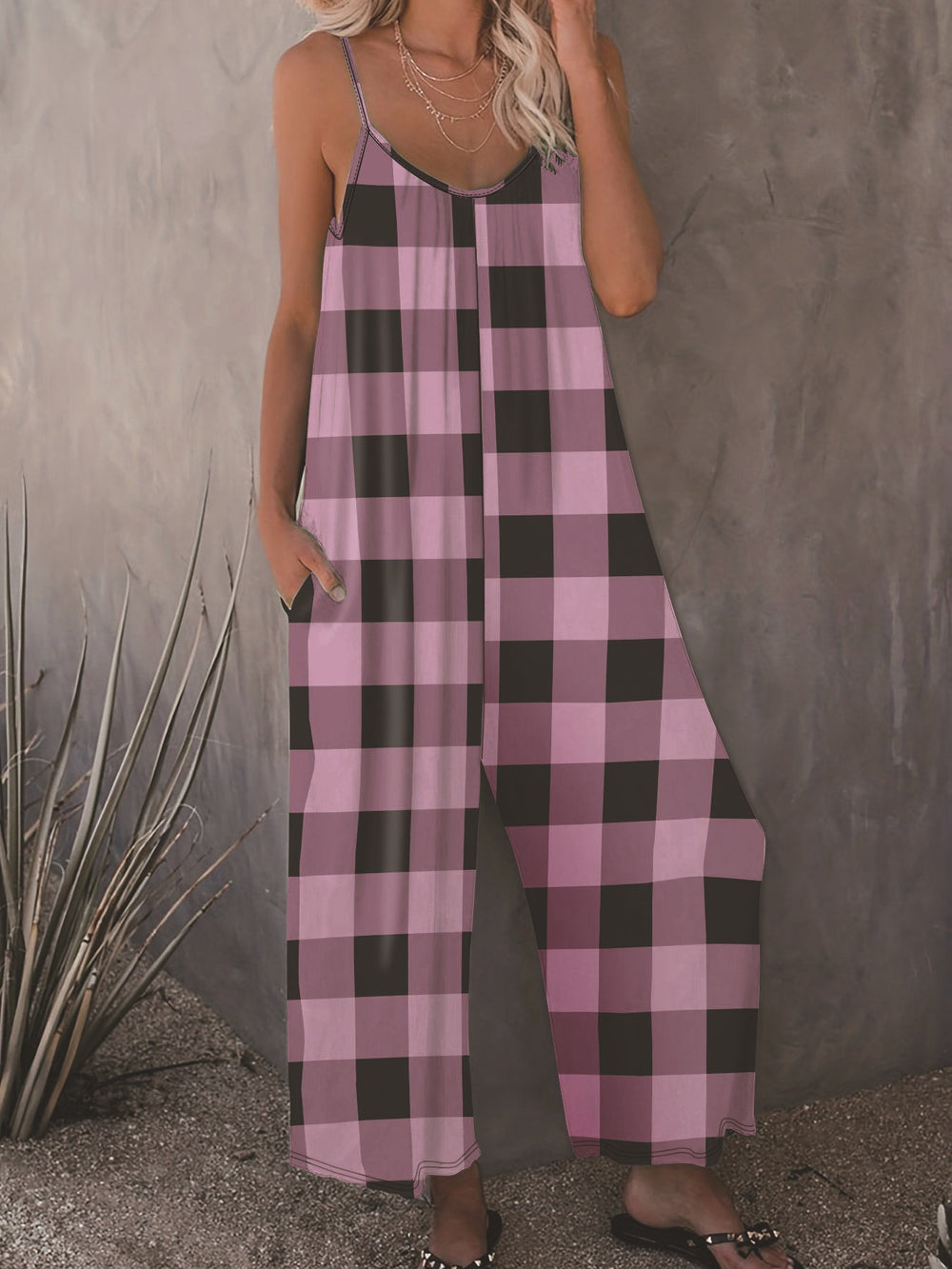 Damen Lässiger Jumpsuit im karierten Design mit praktischen Taschen R&B
