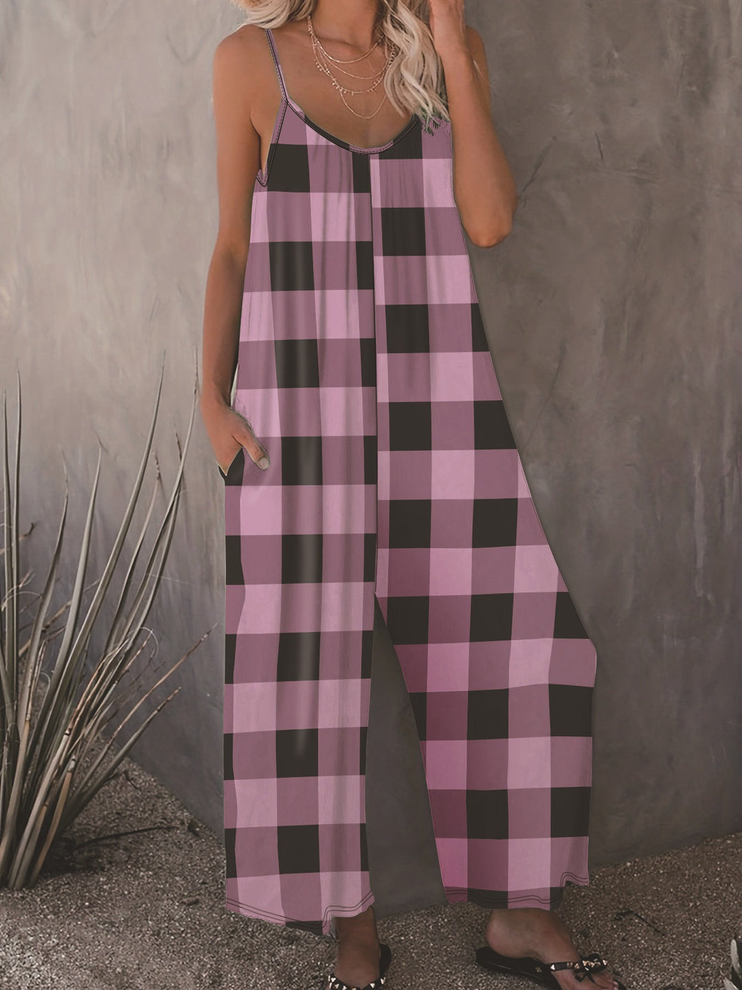 Damen Lässiger Jumpsuit im karierten Design mit praktischen Taschen R&B
