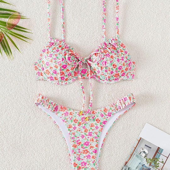 Damen Push-Up-Bikini mit floralem Design und raffinierter Schnürung R&B