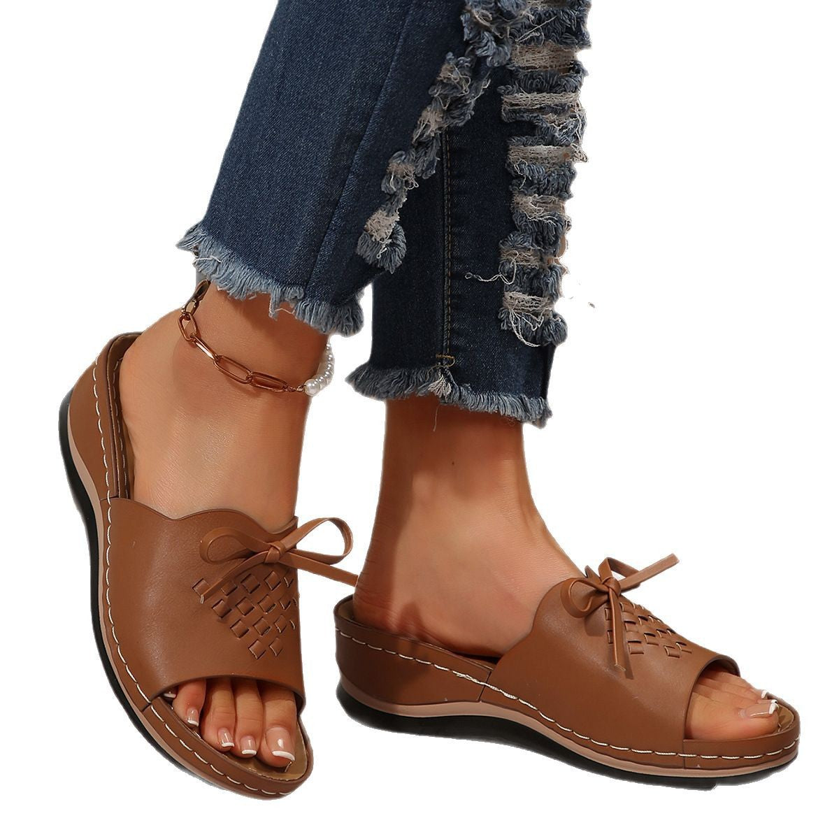 Damen Komfortable Ledersandalen mit geflochtenem Design und modischem Schleifenakzent R&B