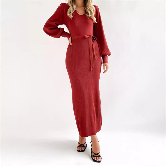 Damen elegantes Strickkleid mit Puffärmeln R&B