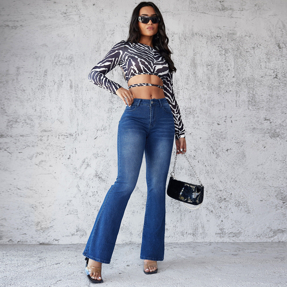 Damen Flared Jeans mit hohem Taillenbund und modischer Waschung R&B